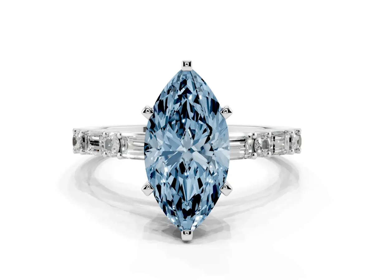 Fancy Blue Marquise Cut Diamond Solitaire with Side Baguettes and Channel Set Band Silver