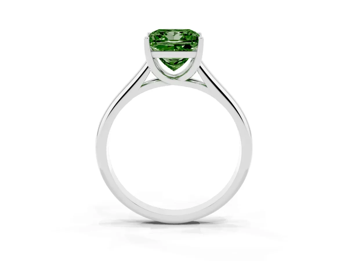 Fancy Green Princess Cut Solitaire Engagement Ring with Tapered Band and Four-Prong Setting Silver