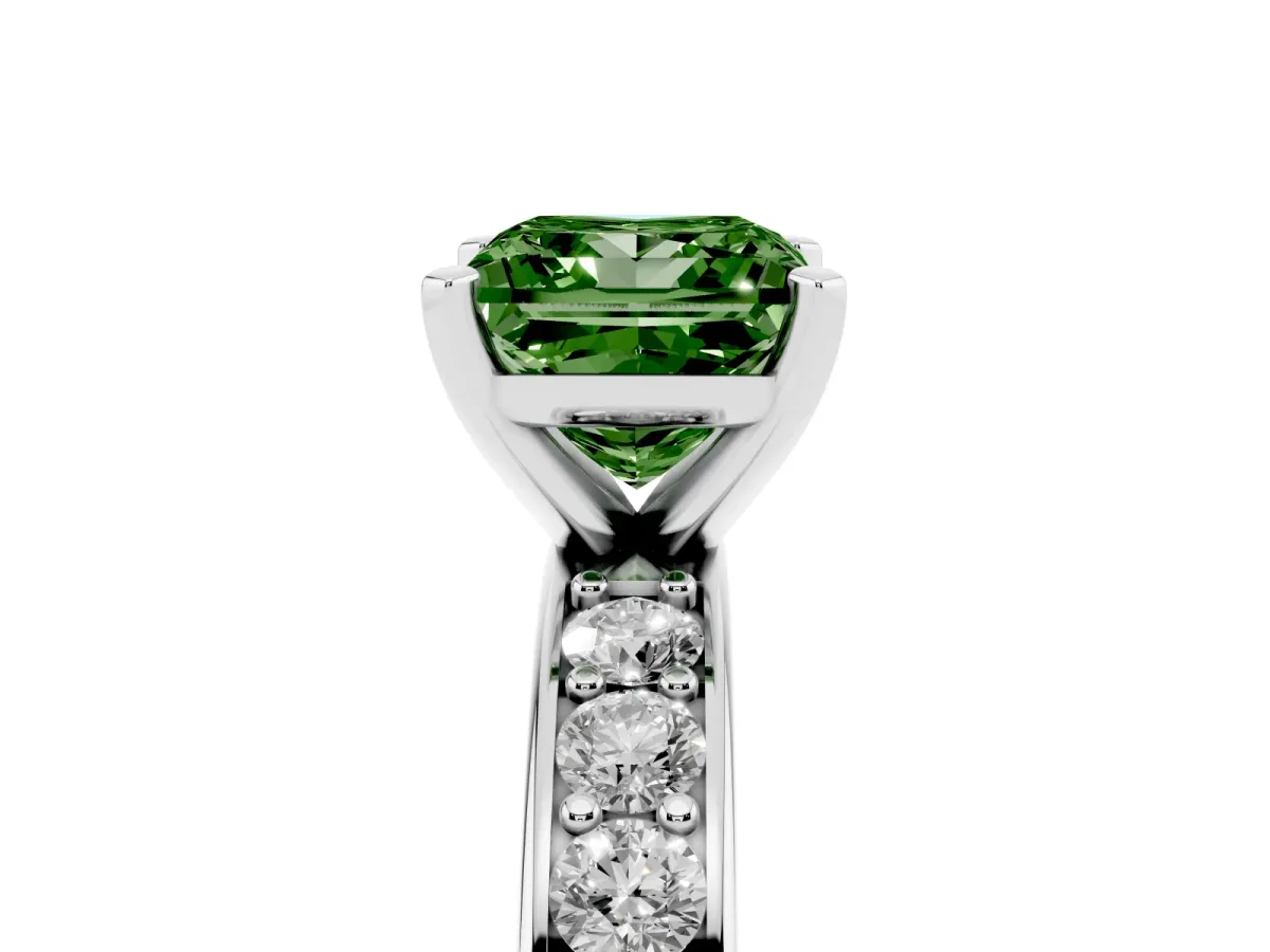 Fancy Green Princess Cut Diamond Engagement Ring with Channel Set Round Band and Prong Setting Platinum