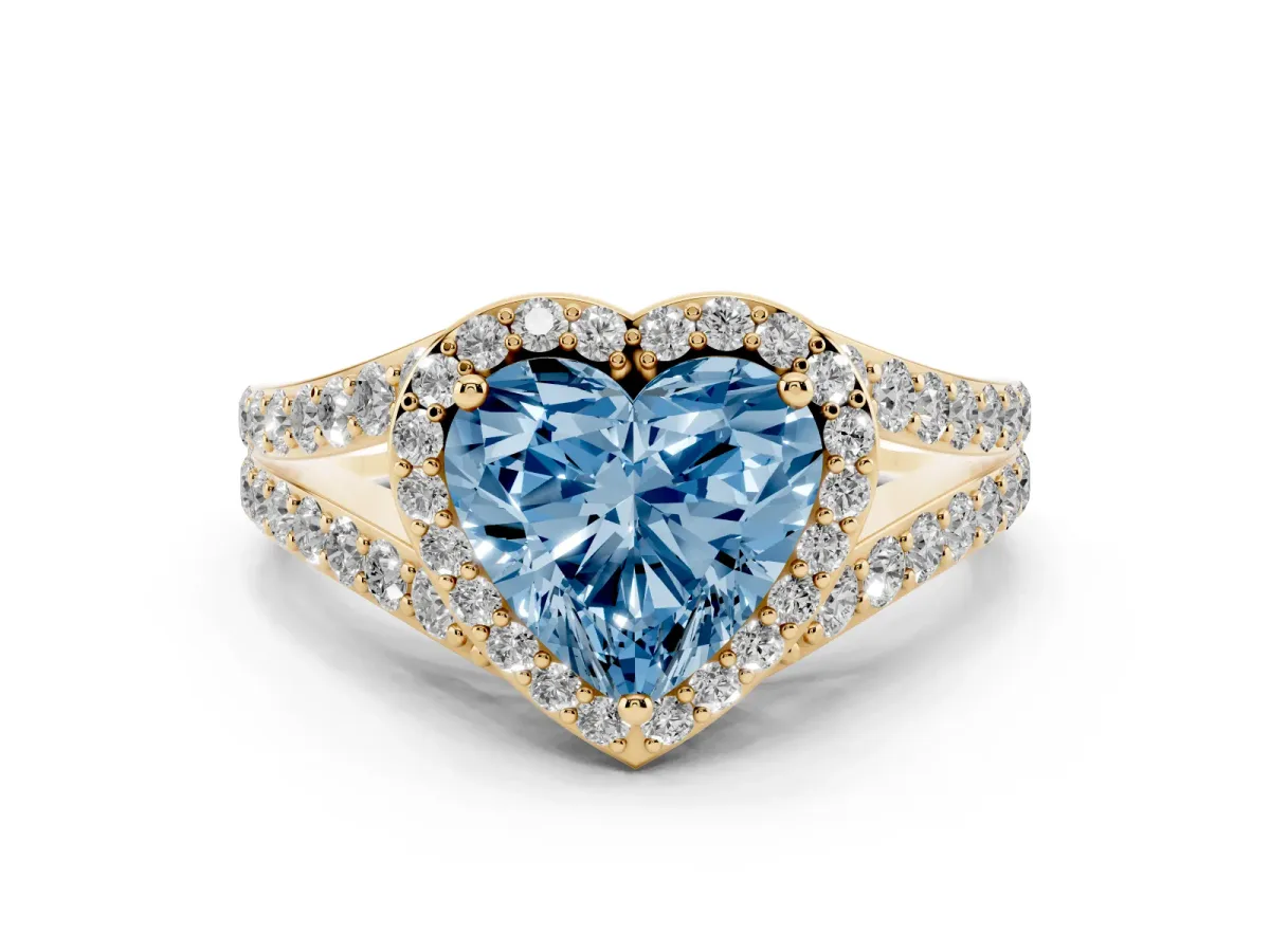 Fancy Blue Heart Cut Diamond Split Shank Halo Ring with Four-Prong Setting Yellow gold