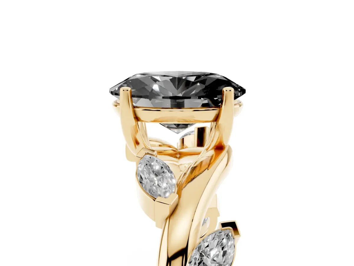 Fancy Black Oval Cut Solitaire Twisted Band Marquise Accent Prong Setting Ring Yellow gold