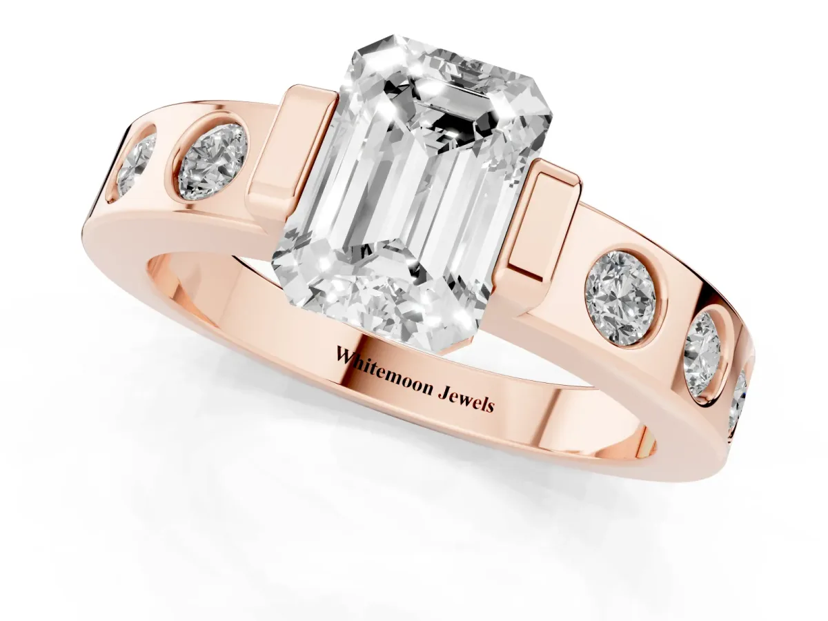 Emerald Cut Brilliant Channel-Set Diamond Ring with Bezel Prong Setting Rose gold