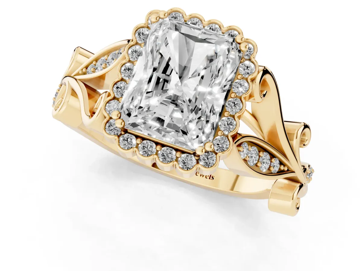 Radiant Cut Diamond Halo Ring with Vintage Split Shank and Four-Prong Setting Yellow gold