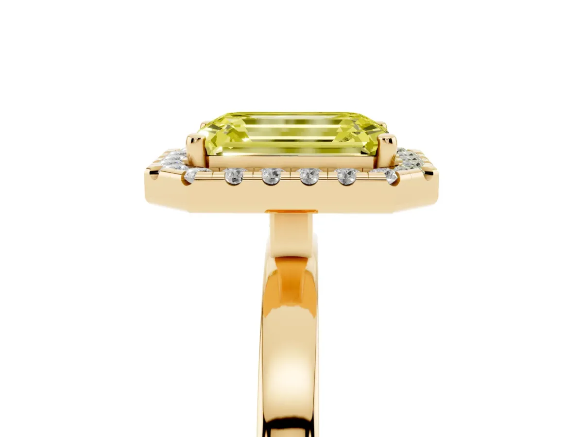Fancy Yellow Emerald Cut Halo Diamond Solitaire with Pavé Band and Four-Prong Setting Yellow gold