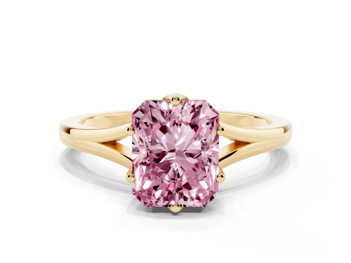 Fancy Pink Radiant Cut Solitaire Diamond Ring with Six-Prong Setting and Tapered Band Yellow gold