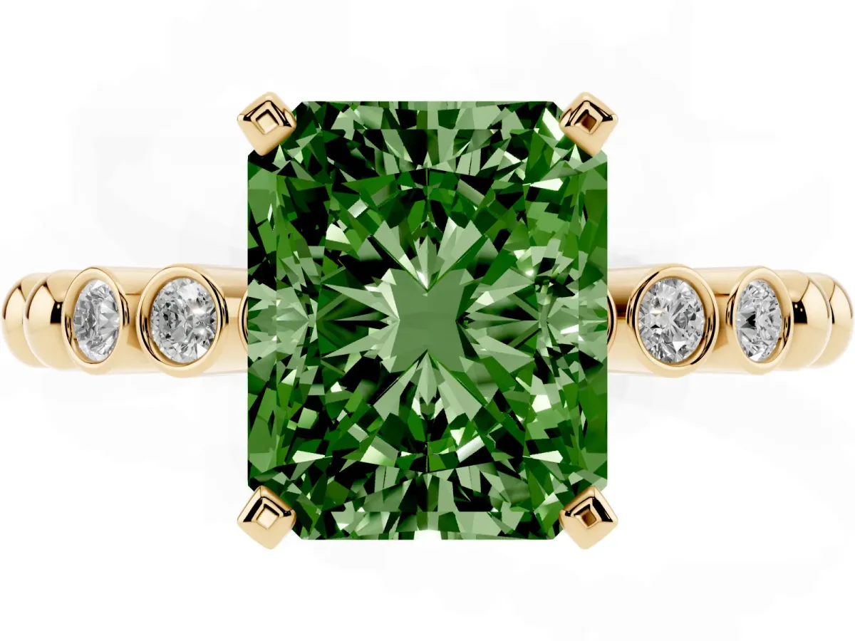Fancy Green Radiant Cut Solitaire Bezel Accent Diamond Engagement Ring with Beaded Band and Four-Prong Setting Yellow gold