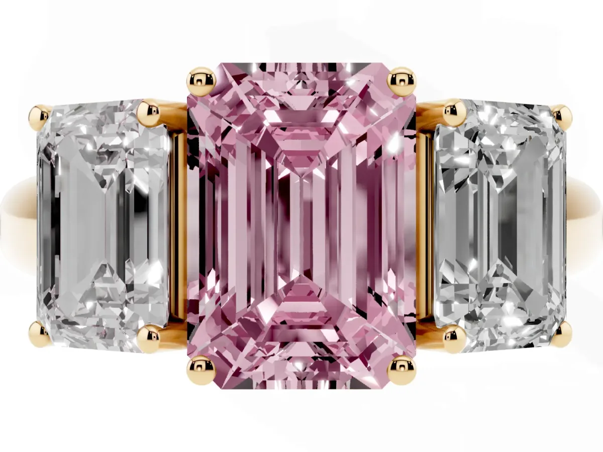 Fancy Pink Three-Stone Emerald Cut Diamond Engagement Ring with Prong Setting Yellow gold