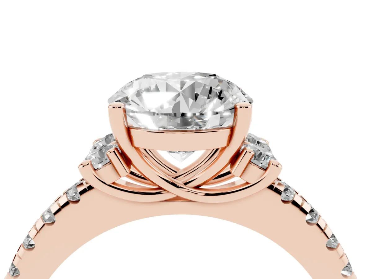 Round Cut Diamond Three-Stone Pave Band with Four-Prong Setting Rose gold