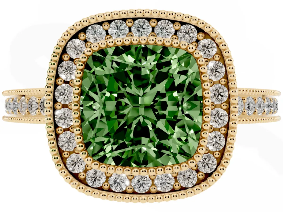 Fancy Green Cushion Cut Cut Halo Diamond Ring with Pavé Band and Milgrain Prong Setting Yellow gold