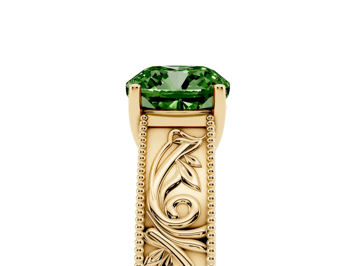 Fancy Green Cushion Cut Diamond Solitaire Ring with Engraved Band and Four-Prong Setting Yellow gold