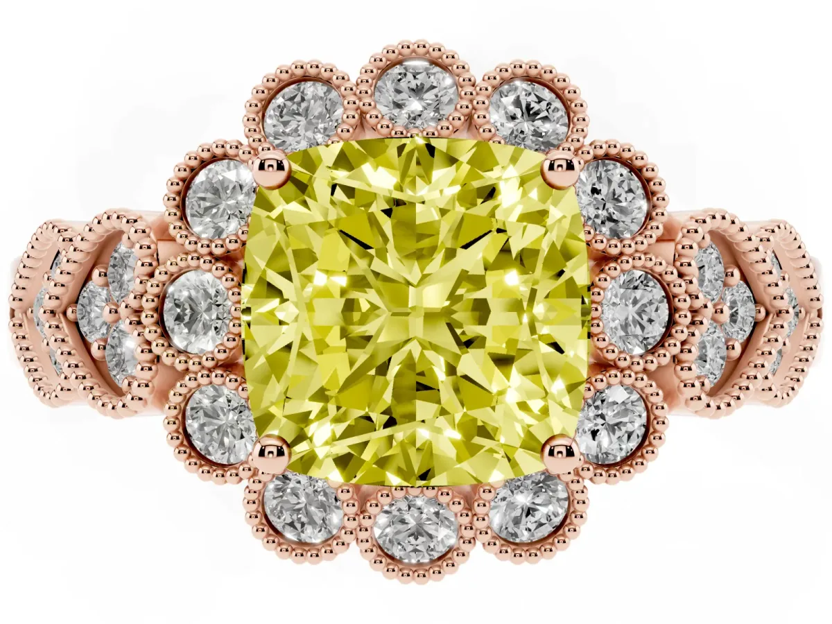 Fancy Yellow Cushion Cut Brilliant Milgrain Pave Heart Band Solitaire Ring Rose gold
