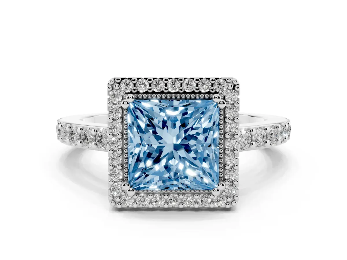 Fancy Blue Princess Cut Cut Diamond Halo Engagement Ring with Milgrain Detail and Pavé Band Platinum