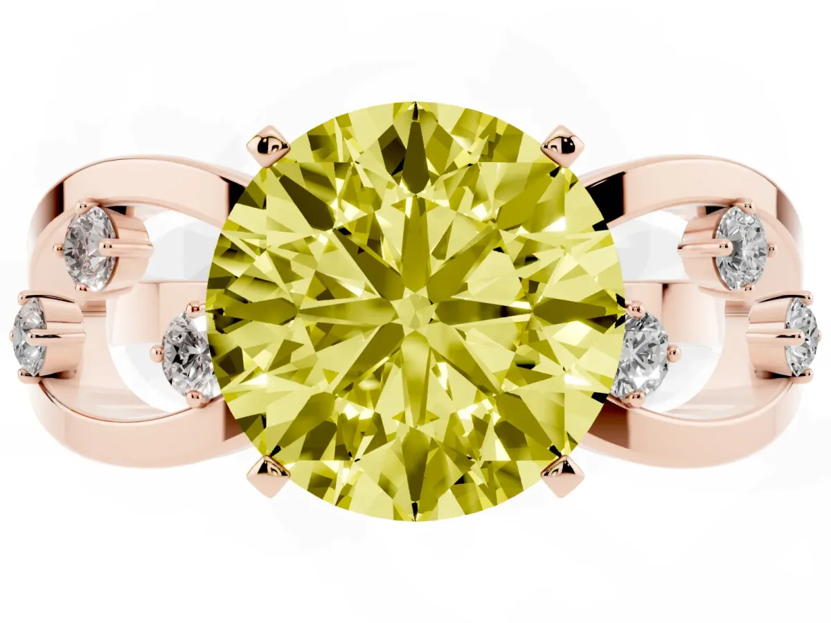 Fancy Yellow Round Cut Cut Solitaire Diamond with Side Stones on Criss-Cross Band and Four-Prong Setting Rose gold