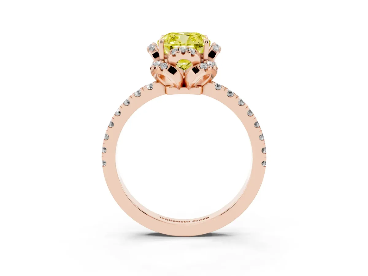 Fancy Yellow Cushion Cut Halo Diamond Pave Band Ring with Four-Prong Setting Rose gold