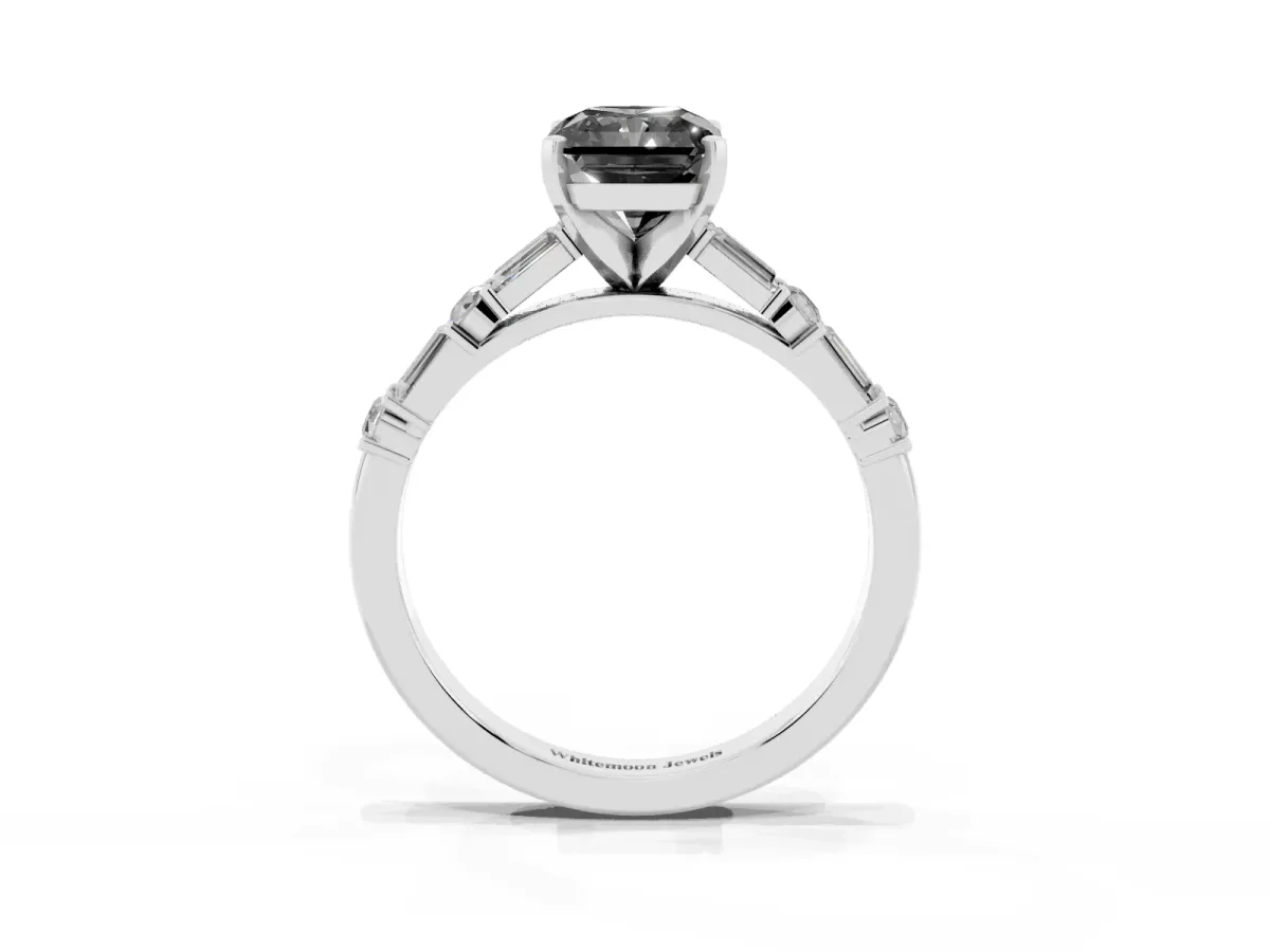Fancy Black Radiant Cut Diamond Solitaire with Side Baguettes and Channel Set Band Silver
