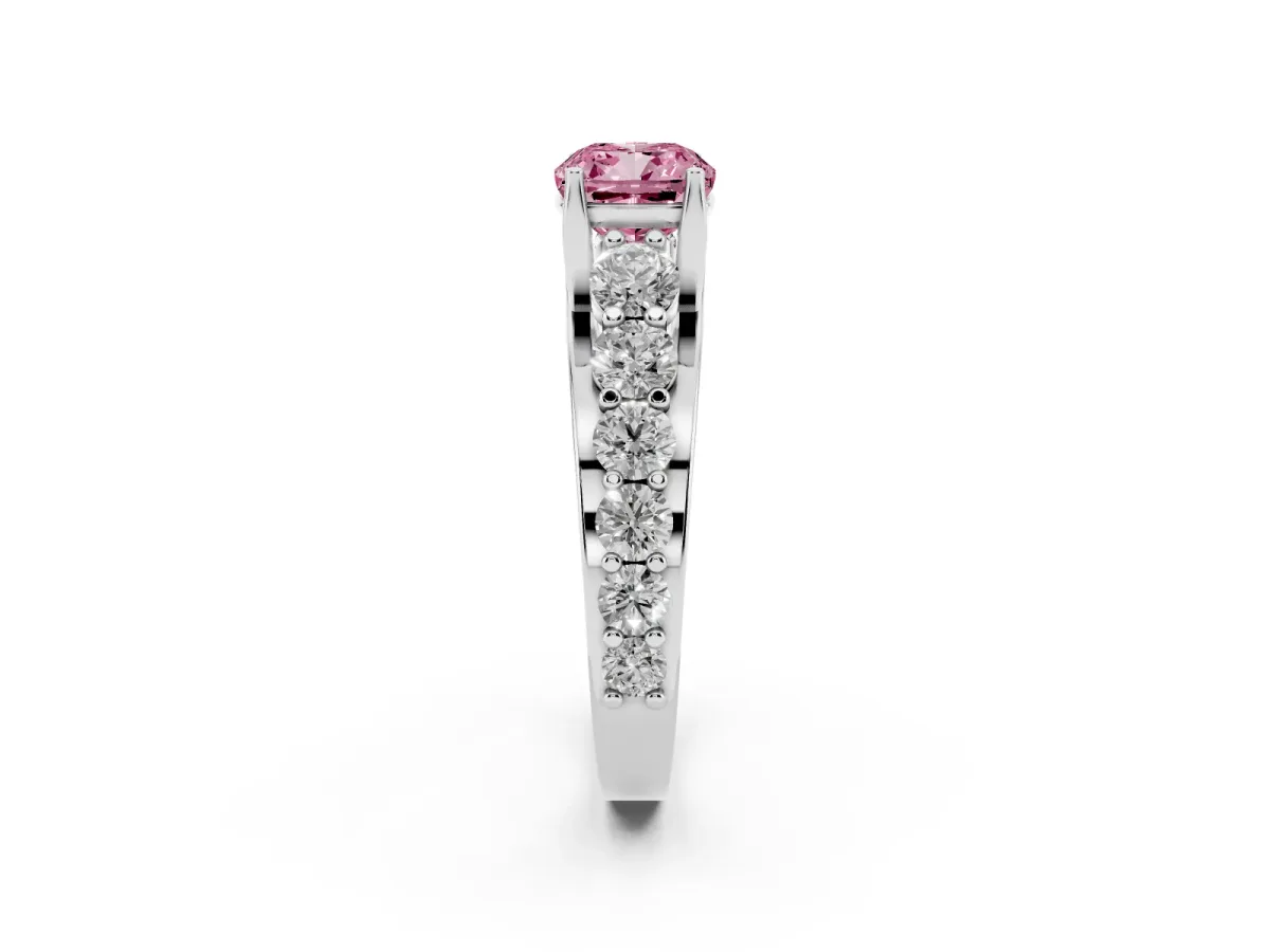 Fancy Pink Cushion Cut Diamond Engagement Ring with Pavé Band and Four-Prong Setting Silver