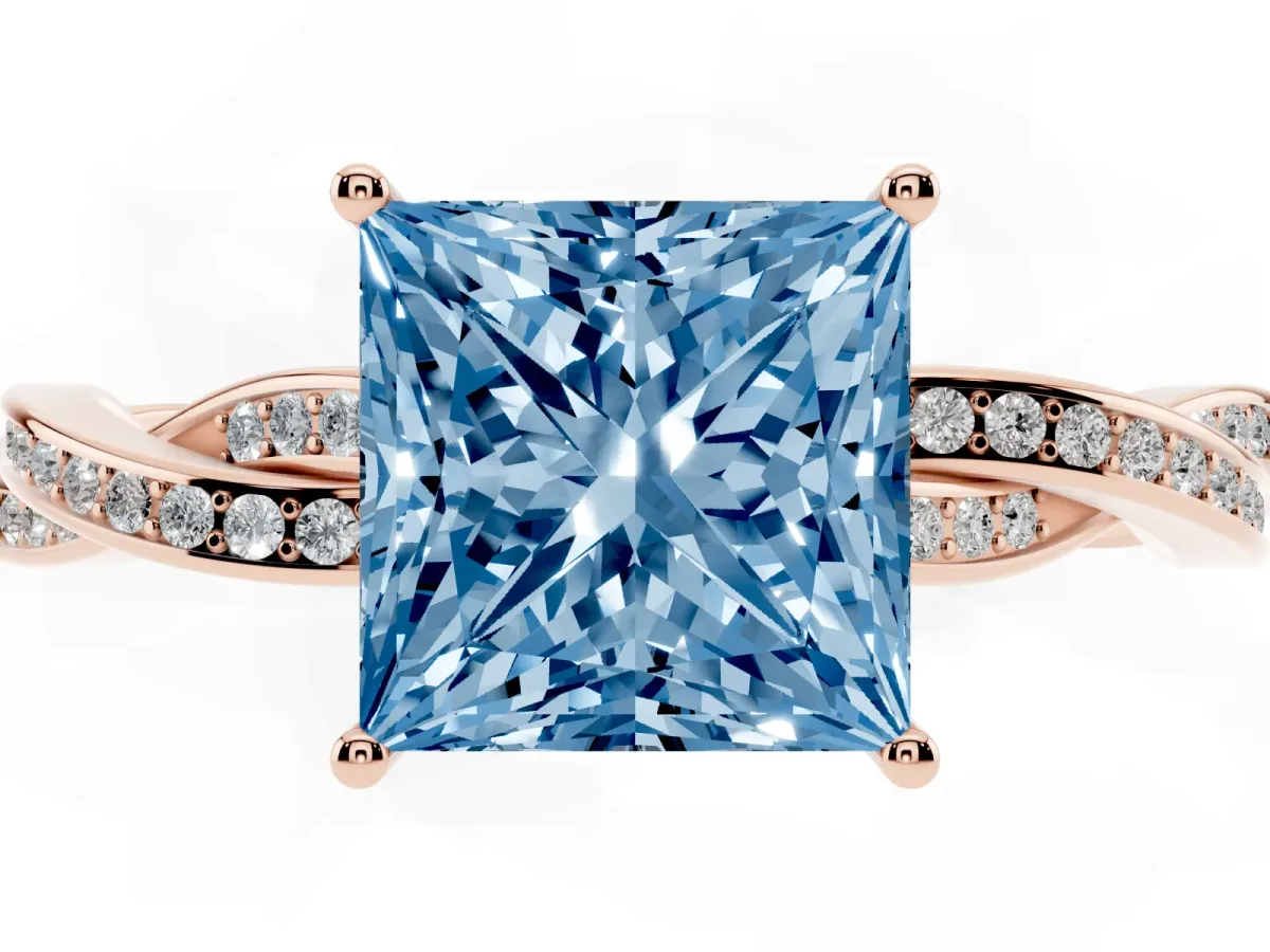 Fancy Blue Princess Cut Solitaire Twisted Pave Diamond Ring with Four-Prong Setting Rose gold