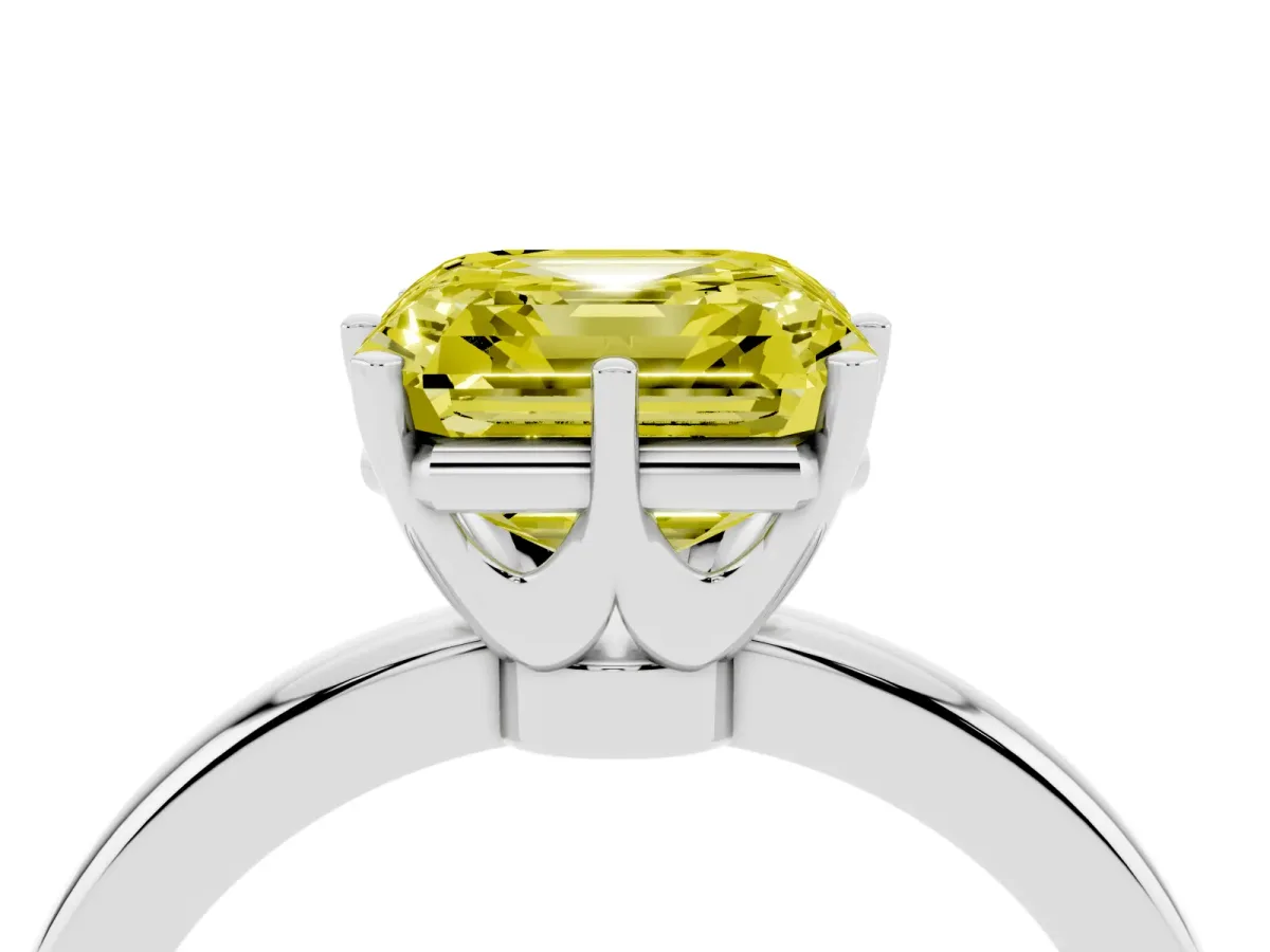 Fancy Yellow Asscher Cut Solitaire Diamond Ring with Six-Prong Setting on a Classic Band Silver