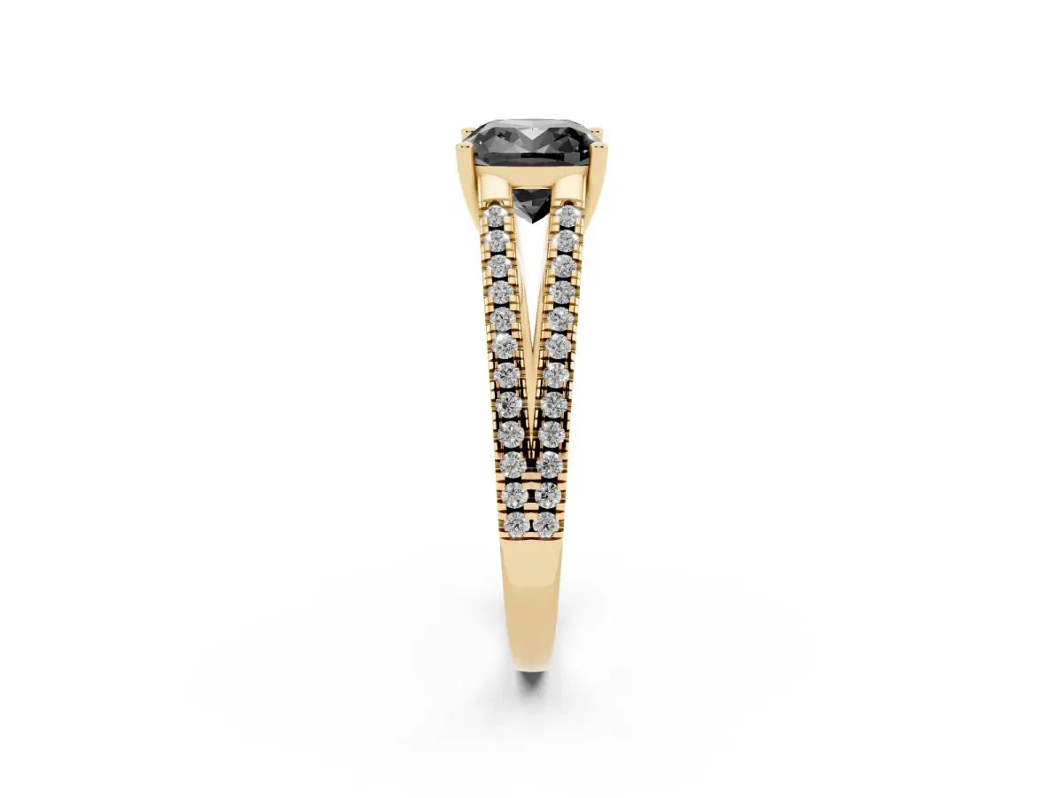 Fancy Black Cushion Cut Diamond Solitaire Engagement Ring with Split Shank Pavé Band Yellow gold