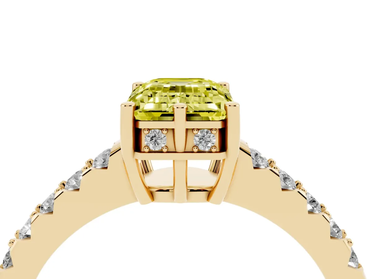 Fancy Yellow Emerald Cut Solitaire Diamond Engagement Ring with Pavé Band and Six-Prong Setting Yellow gold