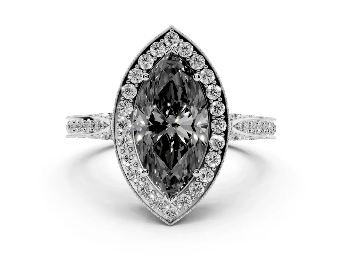 Fancy Black Marquise Cut Halo Diamond Engagement Ring with Split Shank Band and Four-Prong Setting Silver