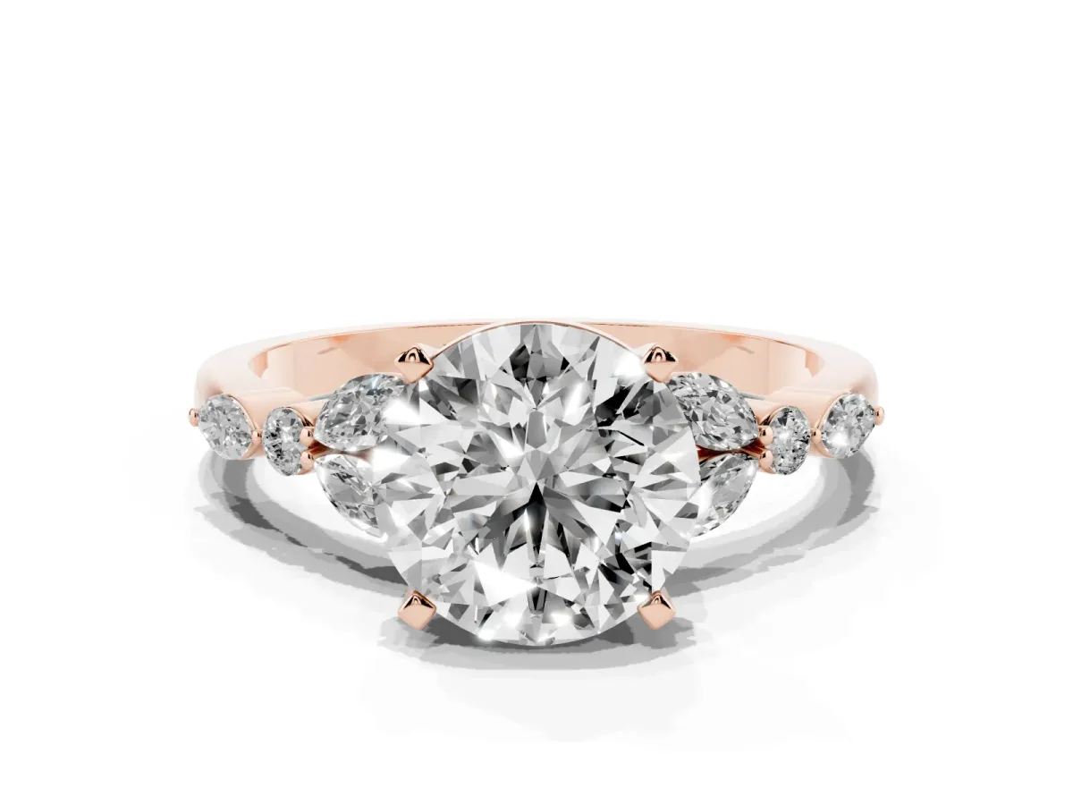 Round Cut Diamond Solitaire Ring with Side Stones and Four-Prong Setting Rose gold