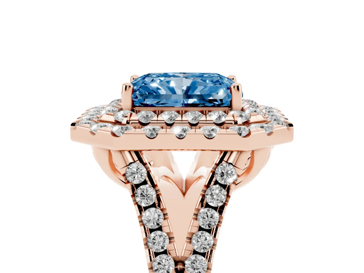 Fancy Blue Double Halo Radiant Cut Diamond Pavé Split Shank Ring with Prong Setting Rose gold