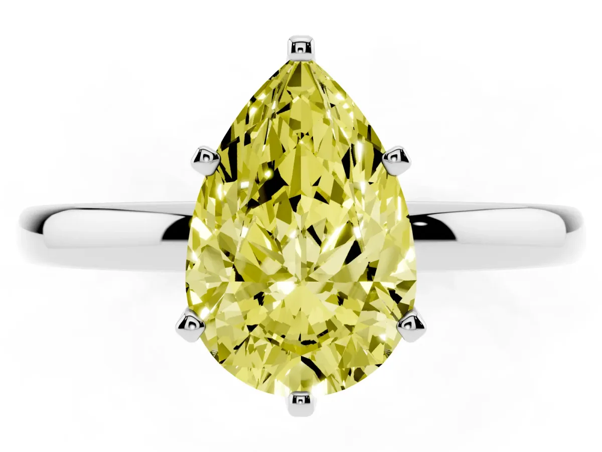 Fancy Yellow Pear Cut Solitaire Diamond Ring with Six-Prong Setting on a Classic Band Silver