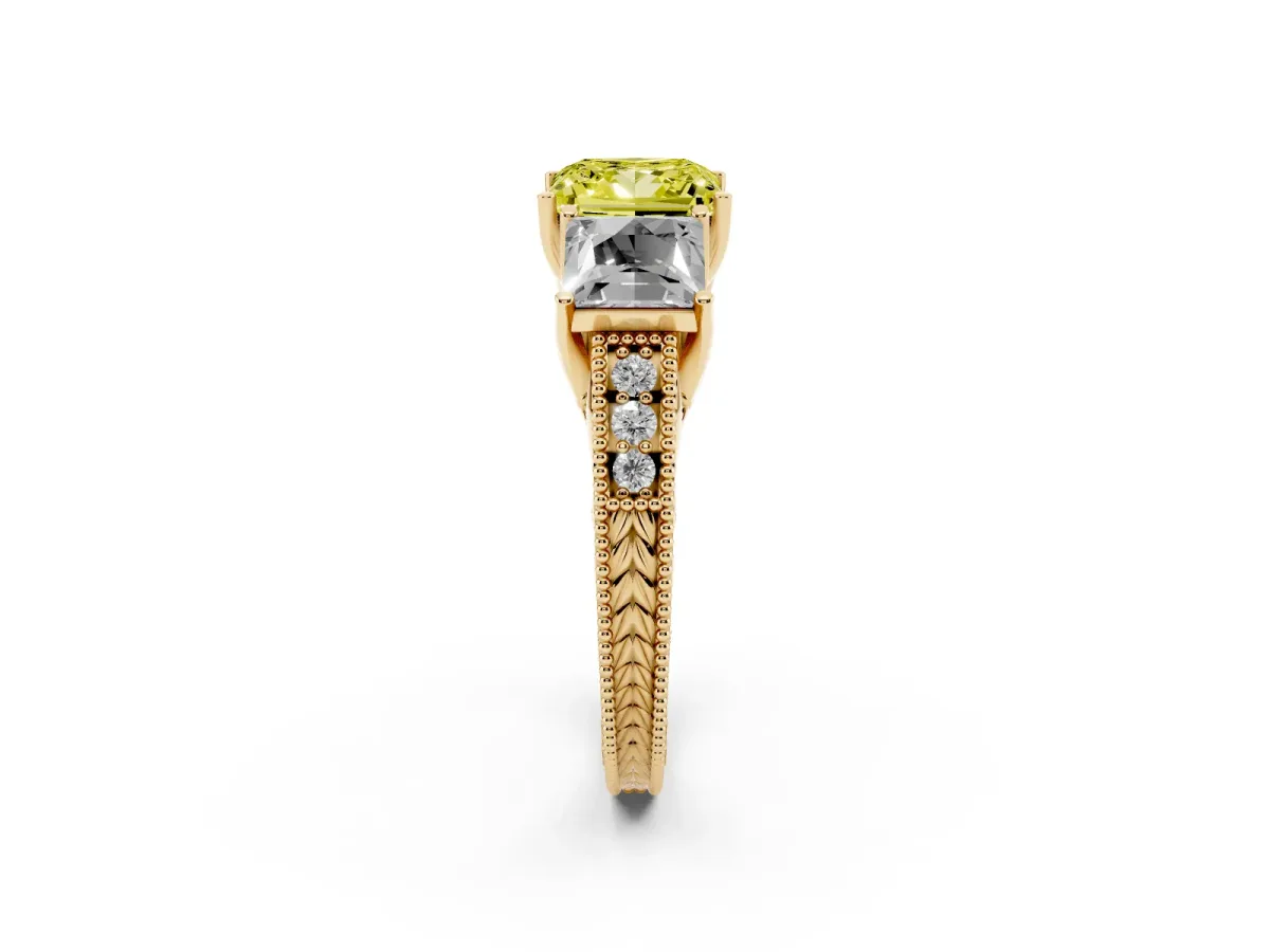 Fancy Yellow Three-Stone Princess Cut Cut Milgrain Pavé Engagement Ring Yellow gold
