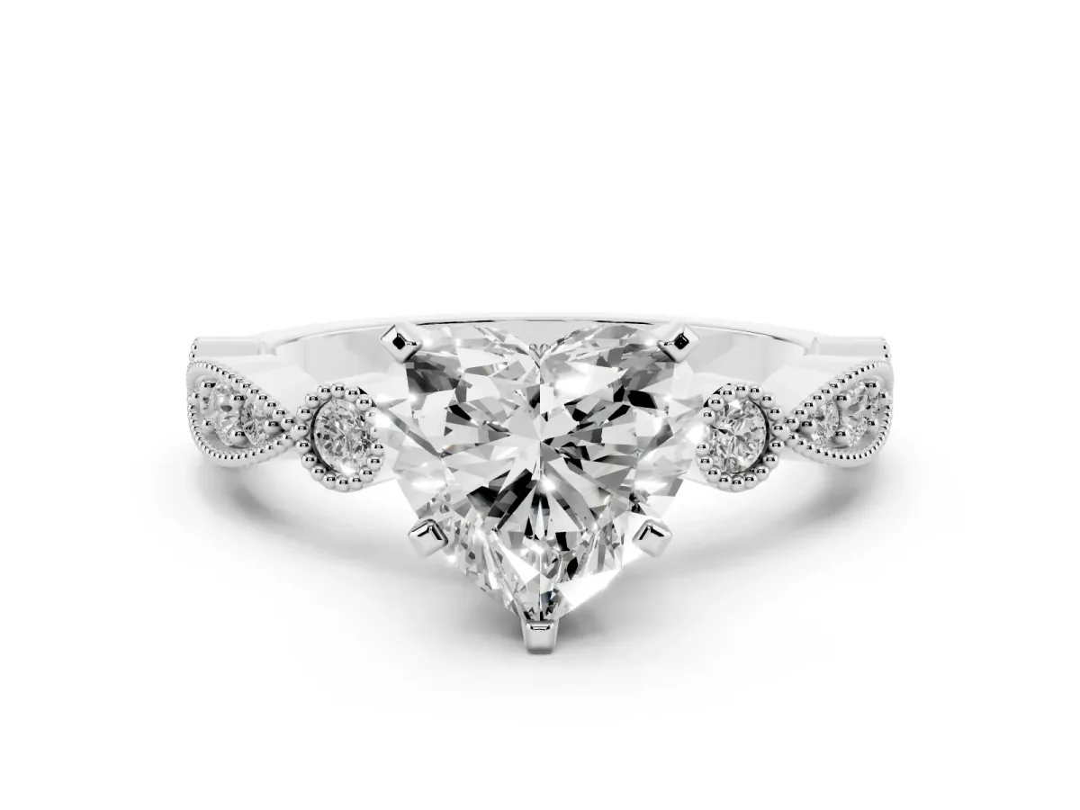Heart Cut Milgrain Bezel Diamond Engagement Ring with Solitaire Prong Setting Silver