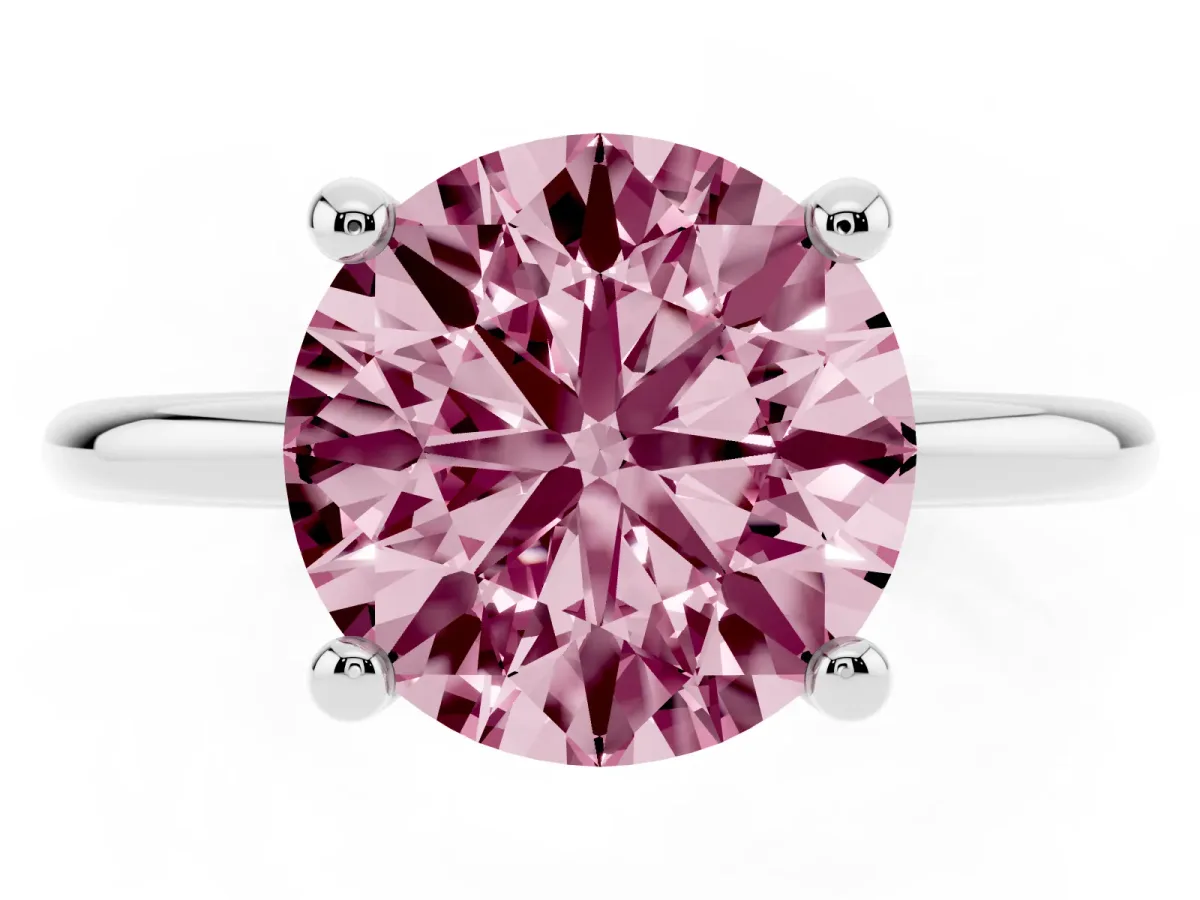 Fancy Pink Round Cut Solitaire Diamond Ring with 4-Prong Setting on a Classic Band Platinum
