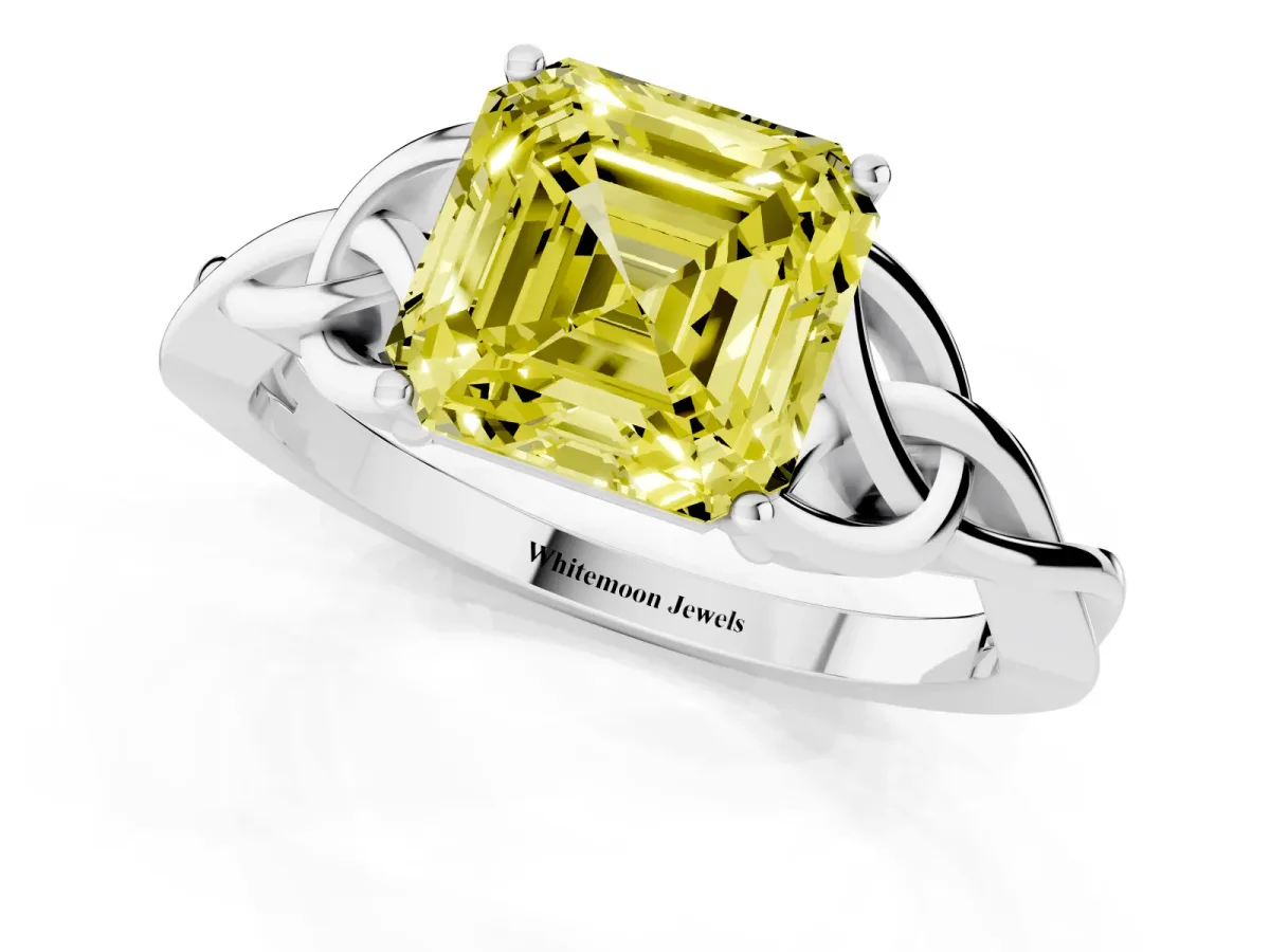 Fancy Yellow Asscher Cut Diamond Solitaire Engagement Ring with Celtic Knot Band and Four-Prong Setting White gold