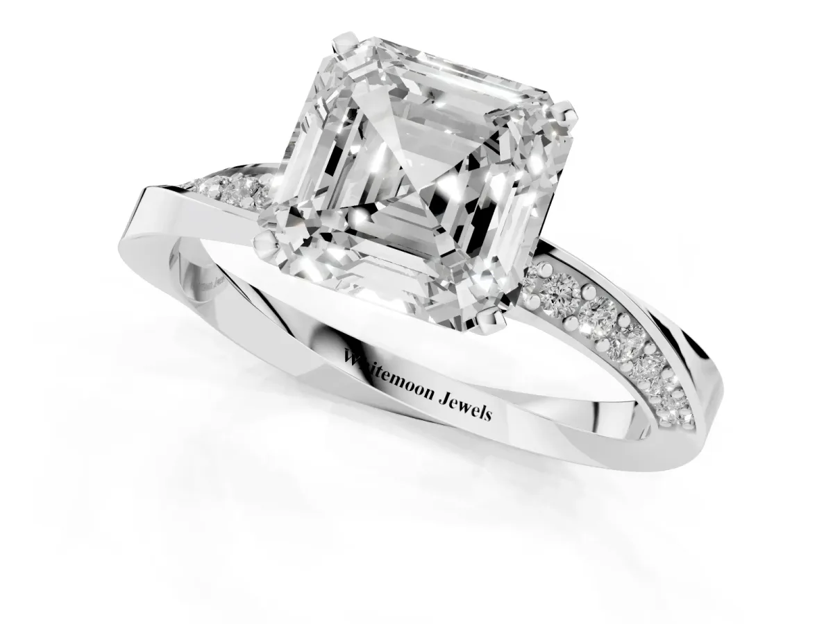 Asscher Cut Diamond Engagement Ring with Side Stone Accents and Four-Prong Setting Silver