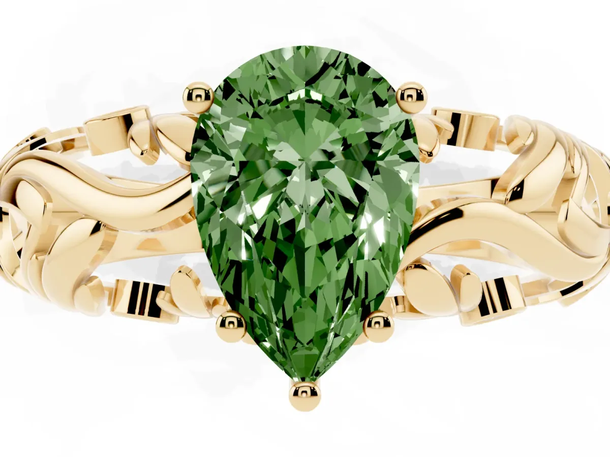 Fancy Green Pear Cut Solitaire Diamond Leaf-Inspired Vine Band Ring with Prong Setting Yellow gold