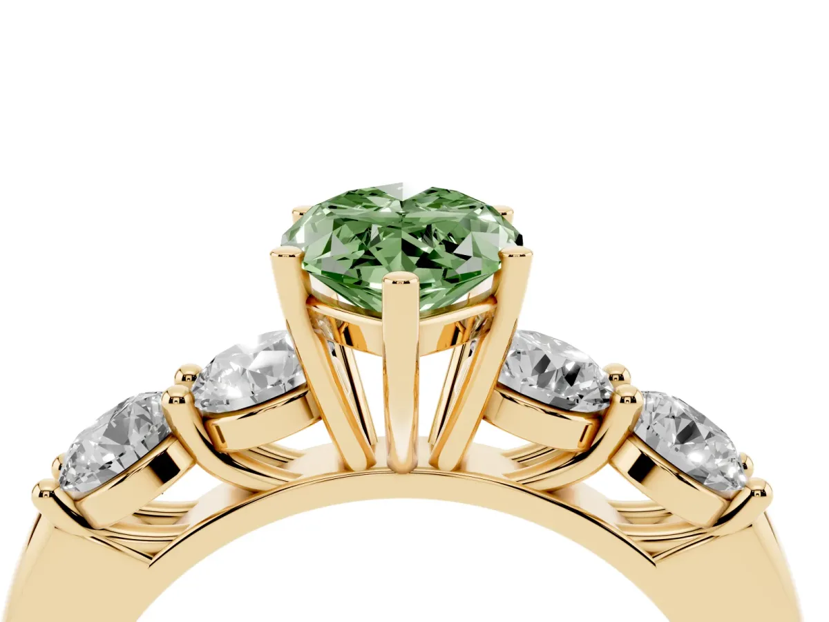Fancy Green Marquise Cut Cut Five-Stone Prong Set Diamond Ring with Classic Band Yellow gold
