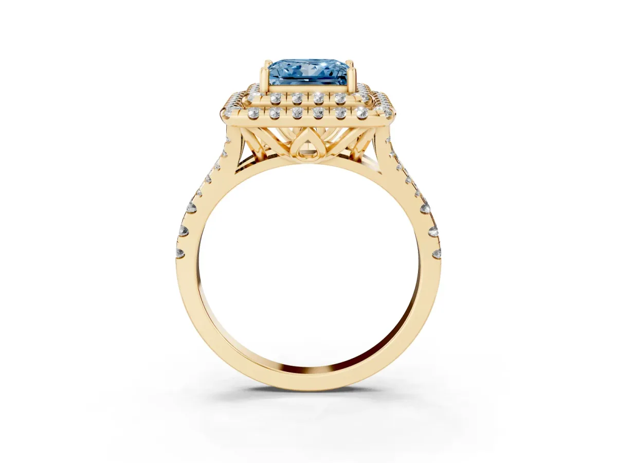 Fancy Blue Double Halo Princess Cut Diamond Pavé Split Shank Ring with Prong Setting Yellow gold