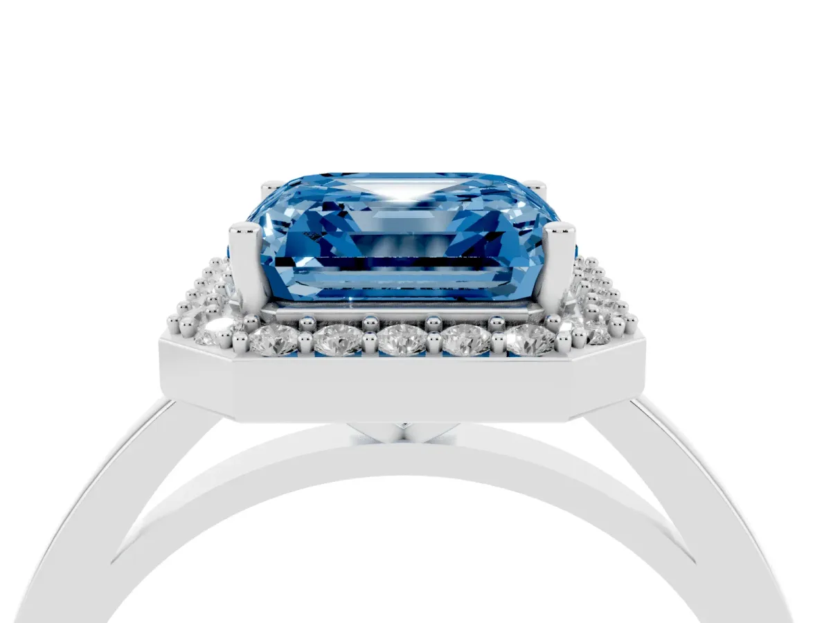 Fancy Blue Asscher Cut Halo Diamond Ring with Solitaire Band and Prong Setting Silver