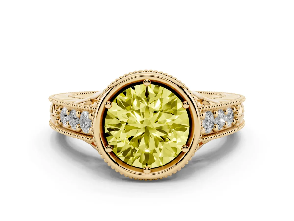 Fancy Yellow Bezel Set Round Cut Diamond Milgrain Pave Engagement Ring Yellow gold