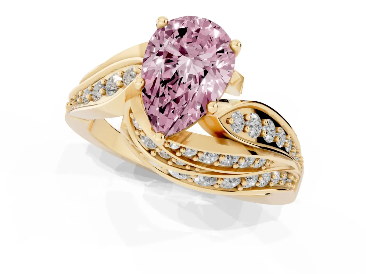 Fancy Pink Pear Cut Diamond Solitaire Ring with Prong Setting and Twisted Pavé Band Yellow gold
