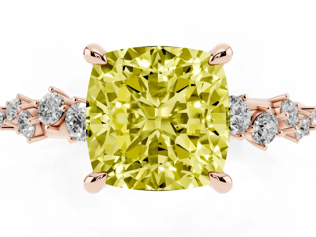 Fancy Yellow Cushion Cut Cut Diamond Vine Band with Four-Prong Setting Rose gold