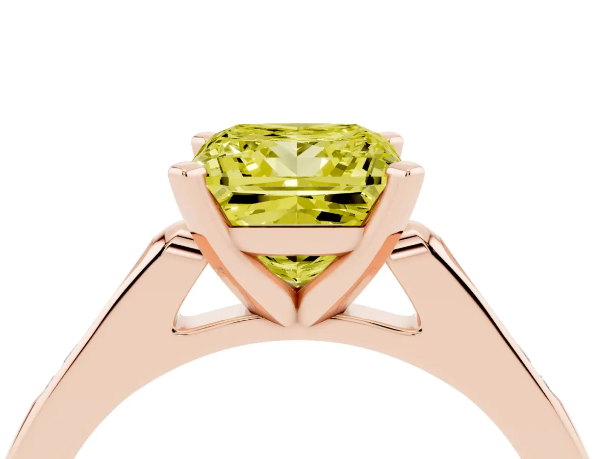 Fancy Yellow Princess Cut Diamond Solitaire Ring with Channel Set Round Band and Prong Setting Rose gold