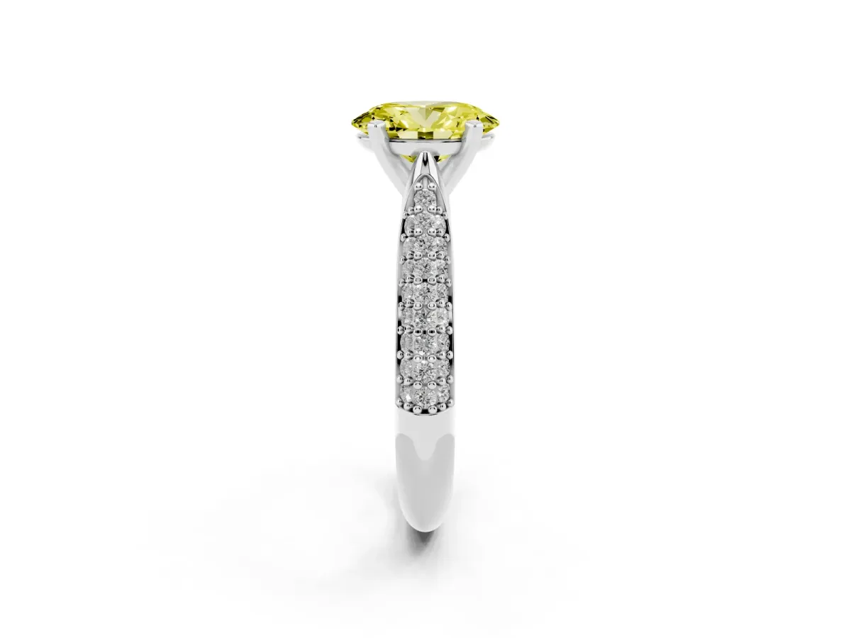Fancy Yellow Oval Cut Diamond Solitaire Engagement Ring with Multi-Row Round Pavé Band and Prong Setting Platinum