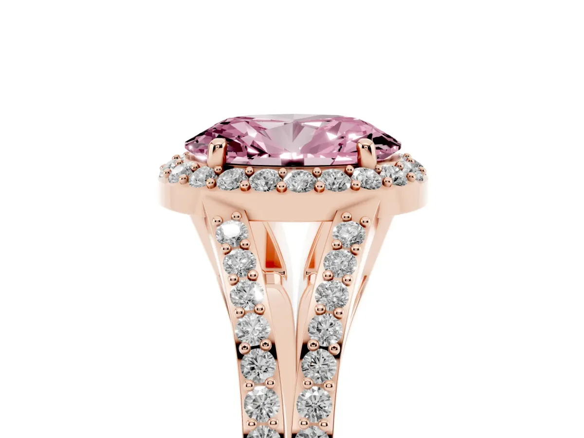 Fancy Pink Oval Cut Halo Split Shank Pave Diamond Ring with Four-Prong Setting Rose gold