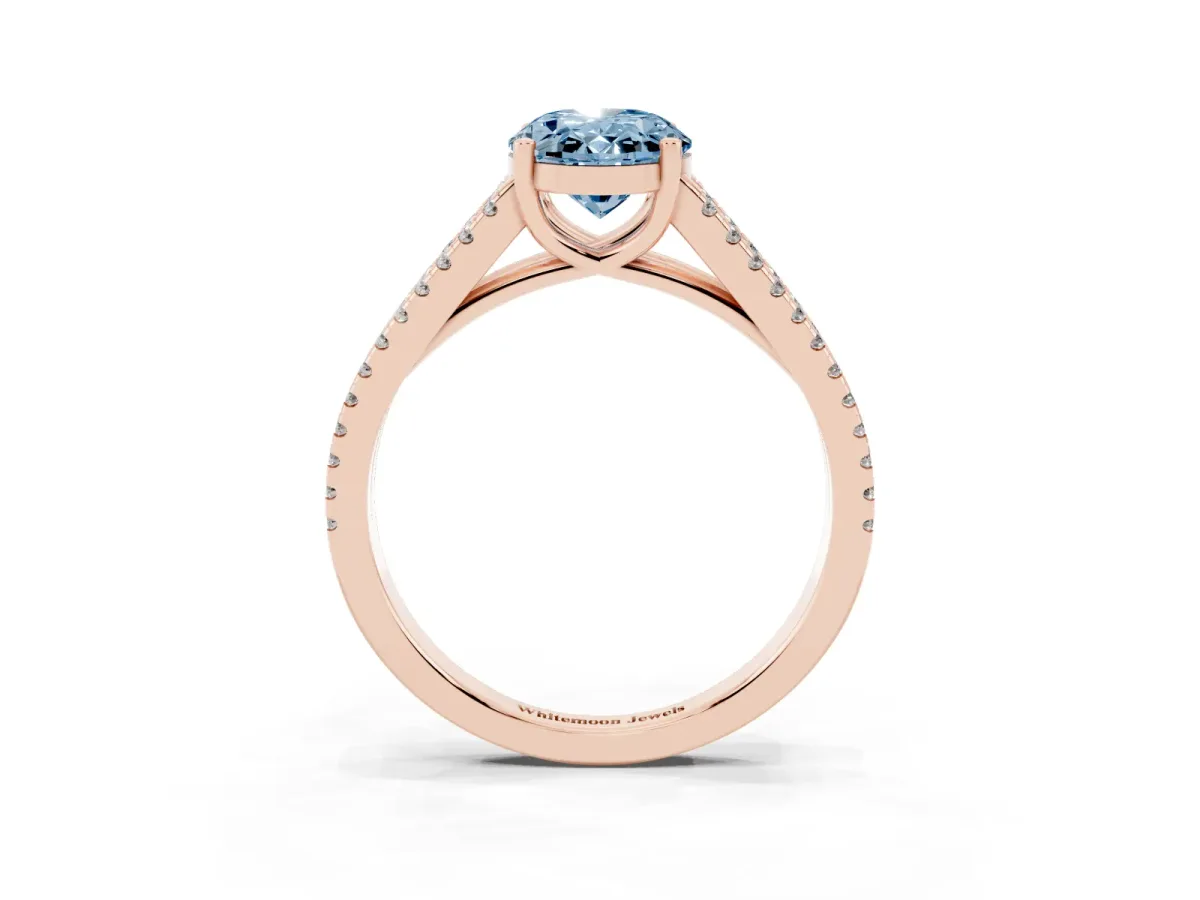 Fancy Blue Oval Cut Diamond Solitaire Engagement Ring with Split Shank Pavé Band Rose gold