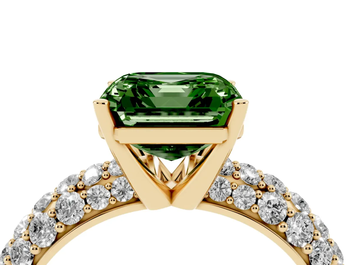 Fancy Green Asscher Cut Diamond Pavé Band Solitaire Ring with Four-Prong Setting Yellow gold