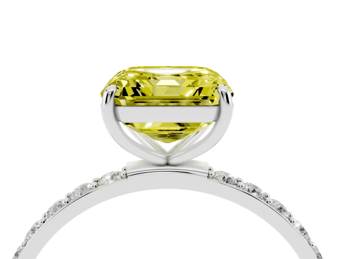 Fancy Yellow Asscher Cut Diamond Solitaire Ring with Round Pavé Shoulders and Prong Setting Silver