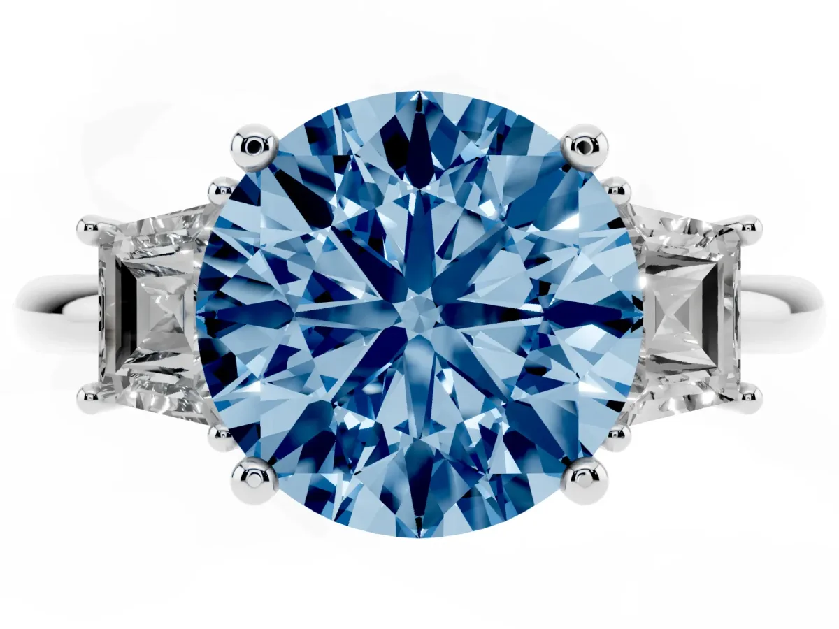 Fancy Blue Round Cut Diamond Three-Stone Ring with Trapezoid Side Stones and Prong Setting Platinum