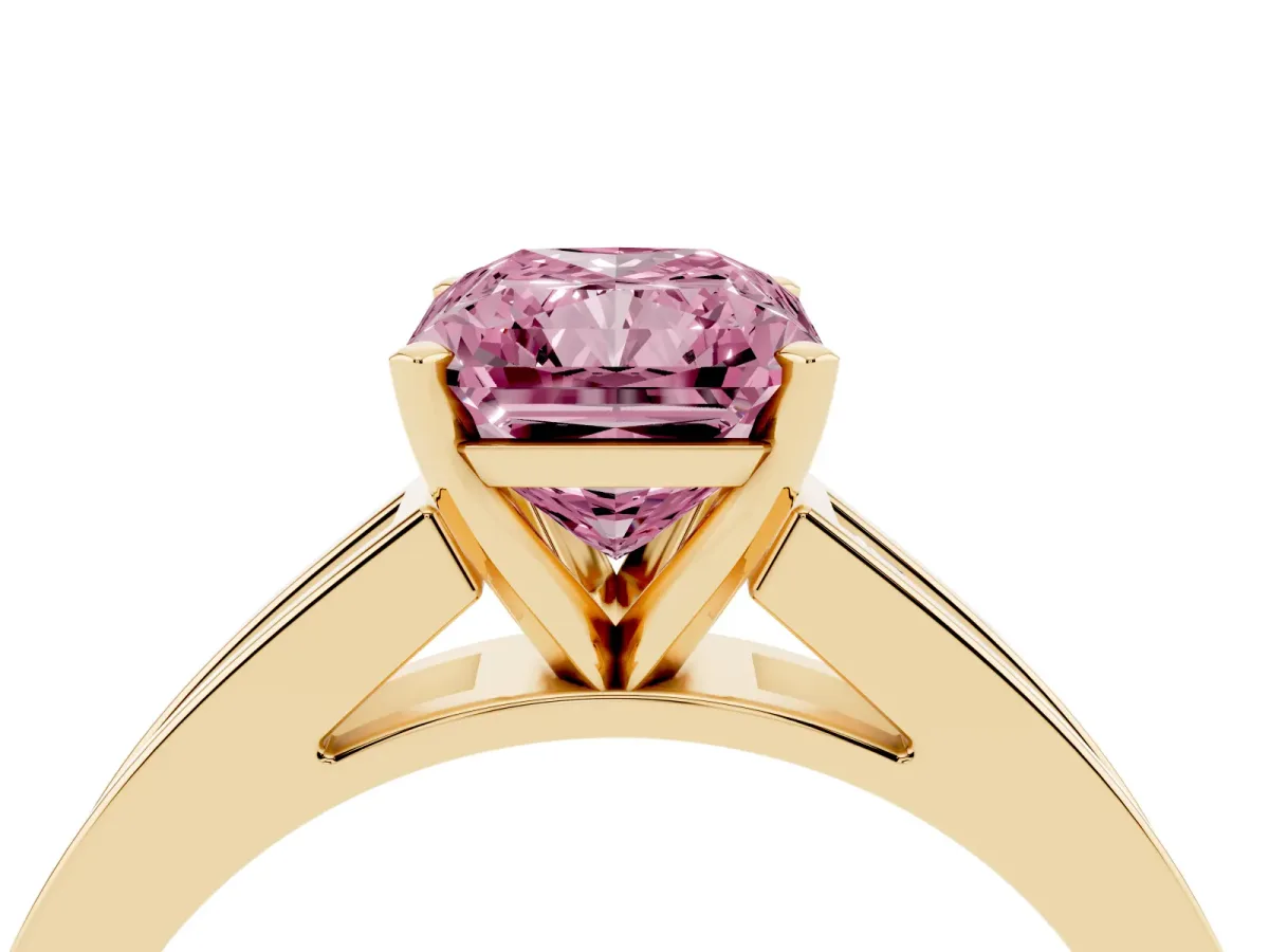 Fancy Pink Radiant Cut Solitaire Diamond Ring with Channel-Set Band and Four-Prong Setting Yellow gold
