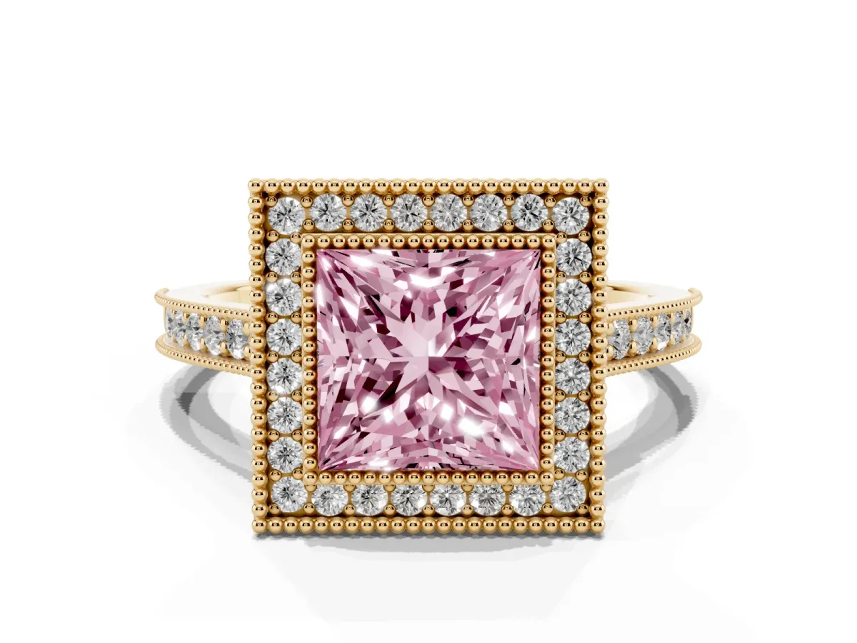 Fancy Pink Halo Princess Cut-Cut Diamond Pave Band Milgrain Prong Setting Ring Yellow gold