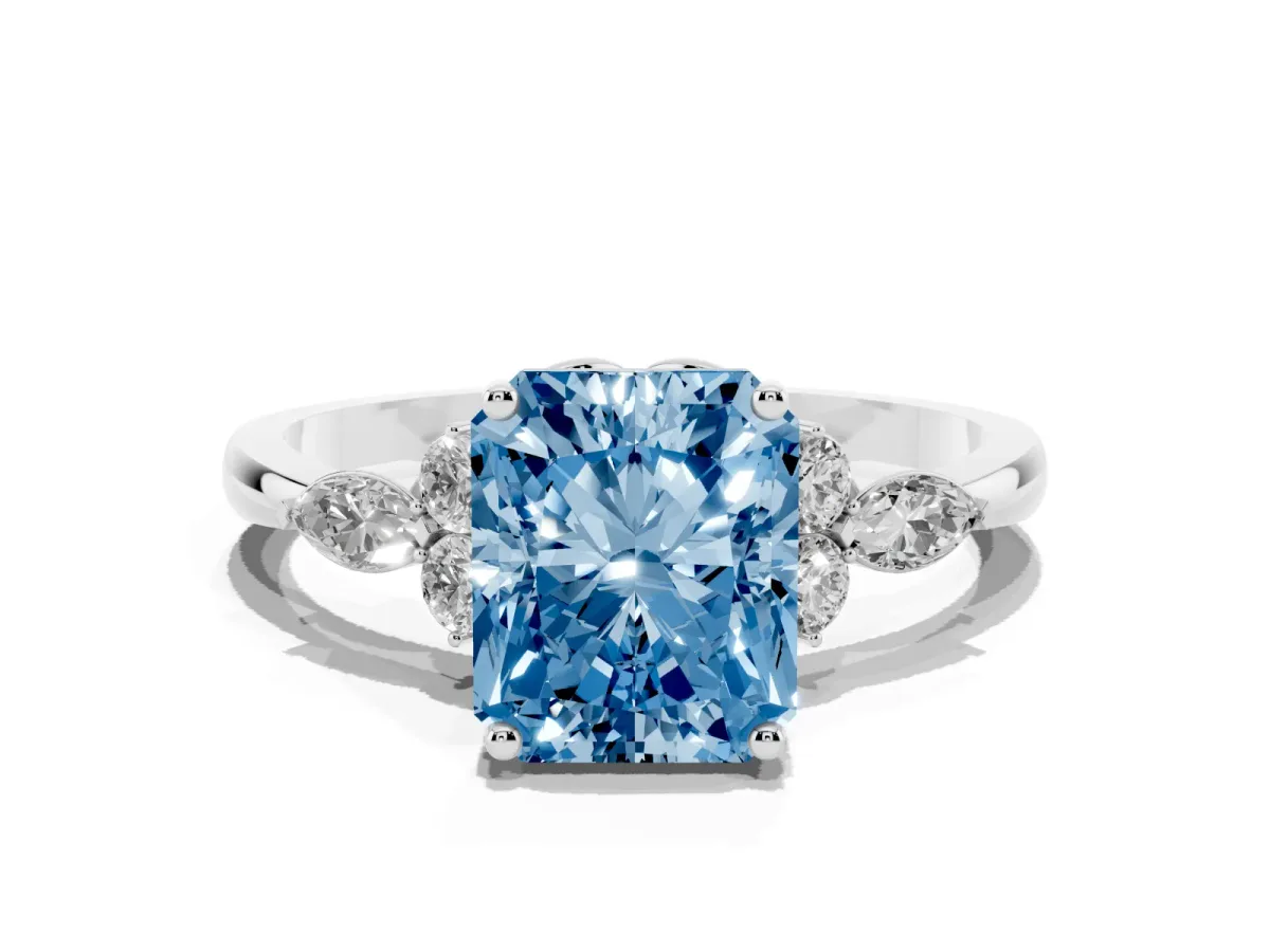 Fancy Blue Radiant Cut Brilliant Diamond Solitaire Ring with Pear Side Stones and Four-Prong Setting Silver